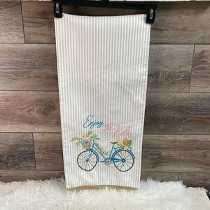 Embroidered Table Runner Blue Beach Bike Spring Basket Flowers Size 70” Length